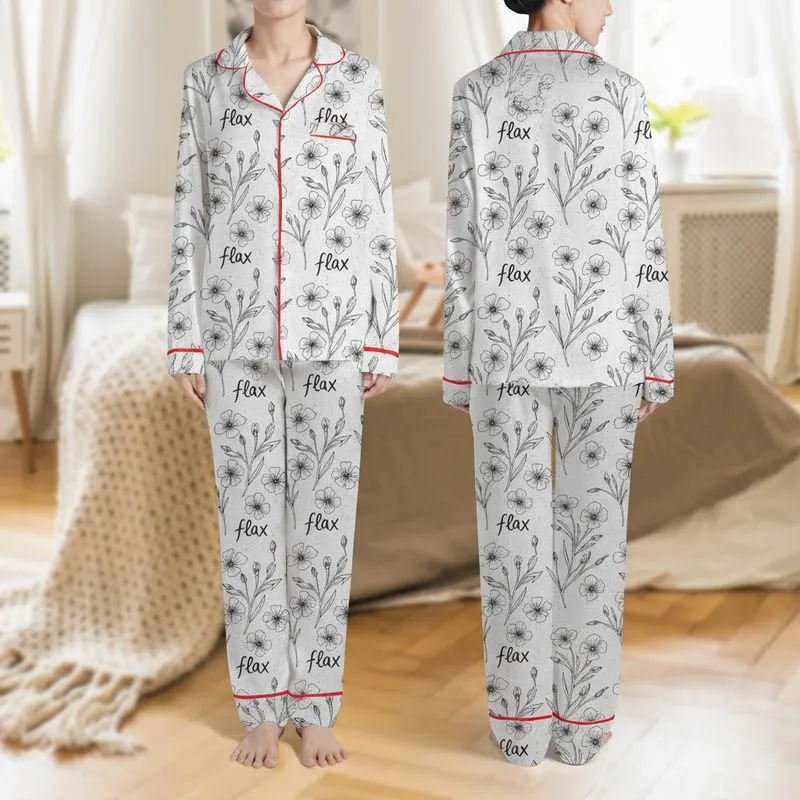 Women's Hand-Drawn Black Flax Flower Botanical Script Pattern on Heather Gray Satin Pajamas Set - 1