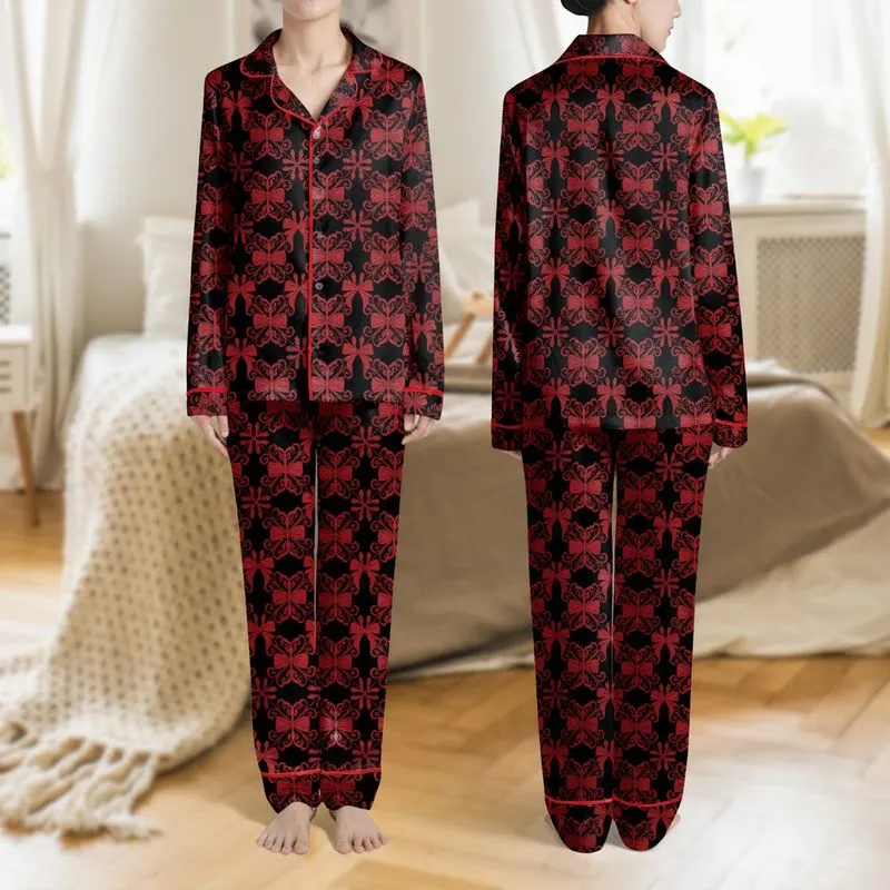 Women's Vibrant Red & Black Intricate Floral Scroll Lace & Elegant Satin Bows Satin Pajamas Set - 1