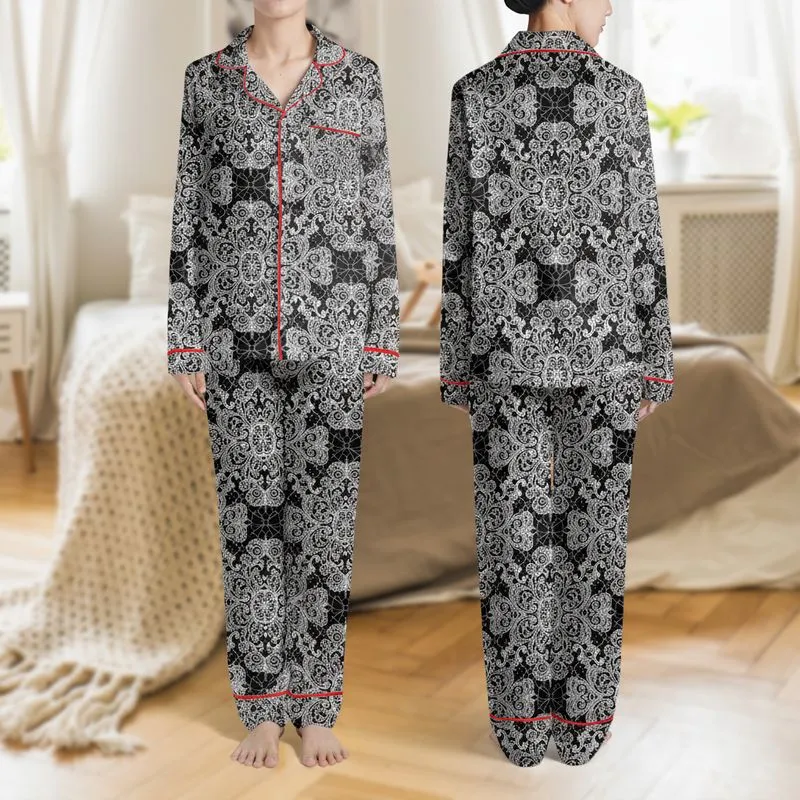 Women's Intricate White Floral Lace Filigree Black Background Satin Bows Pattern Satin Pajamas Set - 1