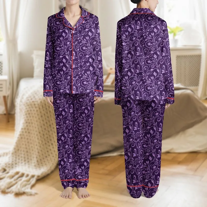 Women's Elegant Deep Purple Lavender Abstract Organic Swirl Botanical Pattern Satin Pajamas Set - 1