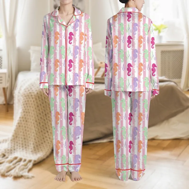 Women's Whimsical Cartoon Seahorse & Candy Stripe Pattern with Pastel Green, Fuchsia, Purple, Orange Satin Pajamas Set - 1