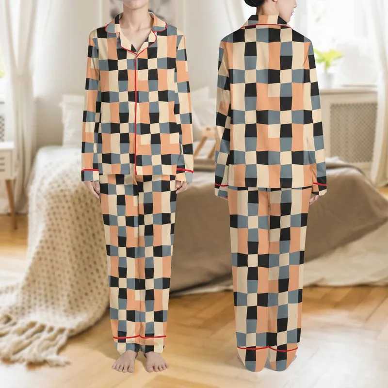 Women's Minimalist Flat Graphic Soft-Edged Organic Tessellating Pattern Muted Peach Beige Slate Gray Black Satin Pajamas Set - 1