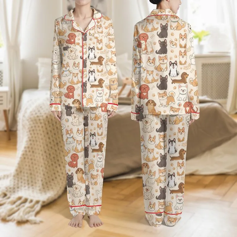 Dog Lovers' Off-White Whimsical Shiba Inu Corgi Dachshund Puppy Pattern with Tan, Brown & Blue Accents Satin Pajamas Set - 1