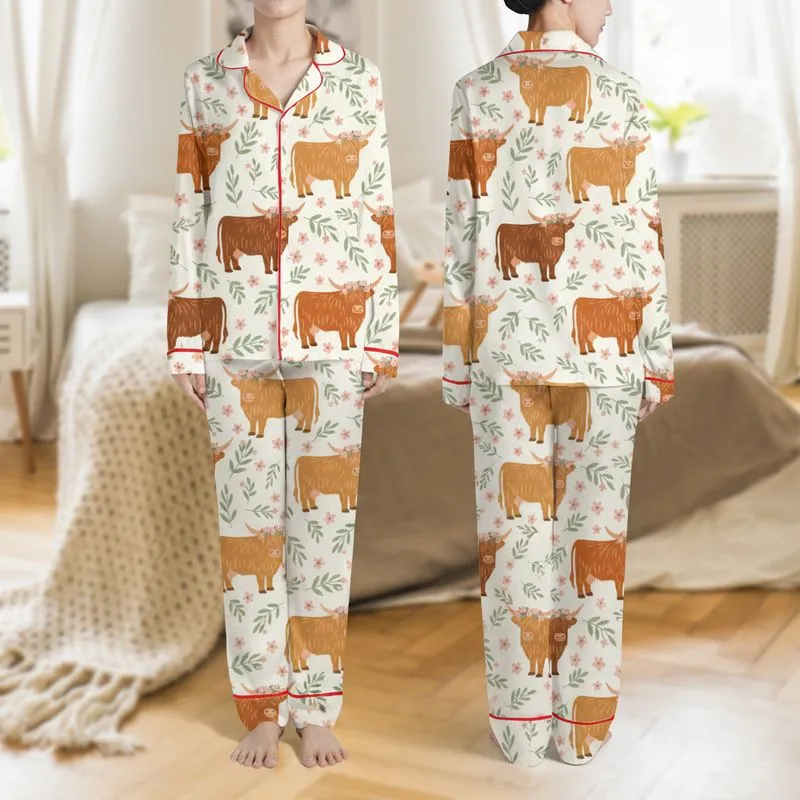Women's Whimsical Highland Cow & Calf Pattern, Caramel Fur, Blush Floral Crowns, Cream Background Satin Pajamas Set - 1