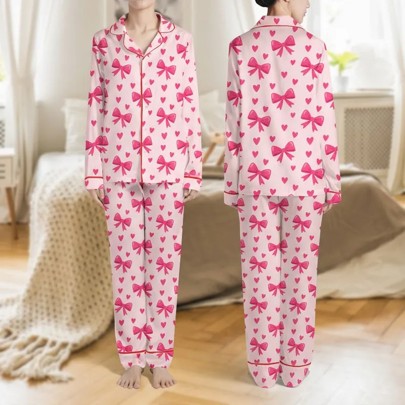 Women's Pastel Pink Fuchsia Whimsical Bow & Heart Varying Size Graphic Pattern Satin Pajamas Set - 1