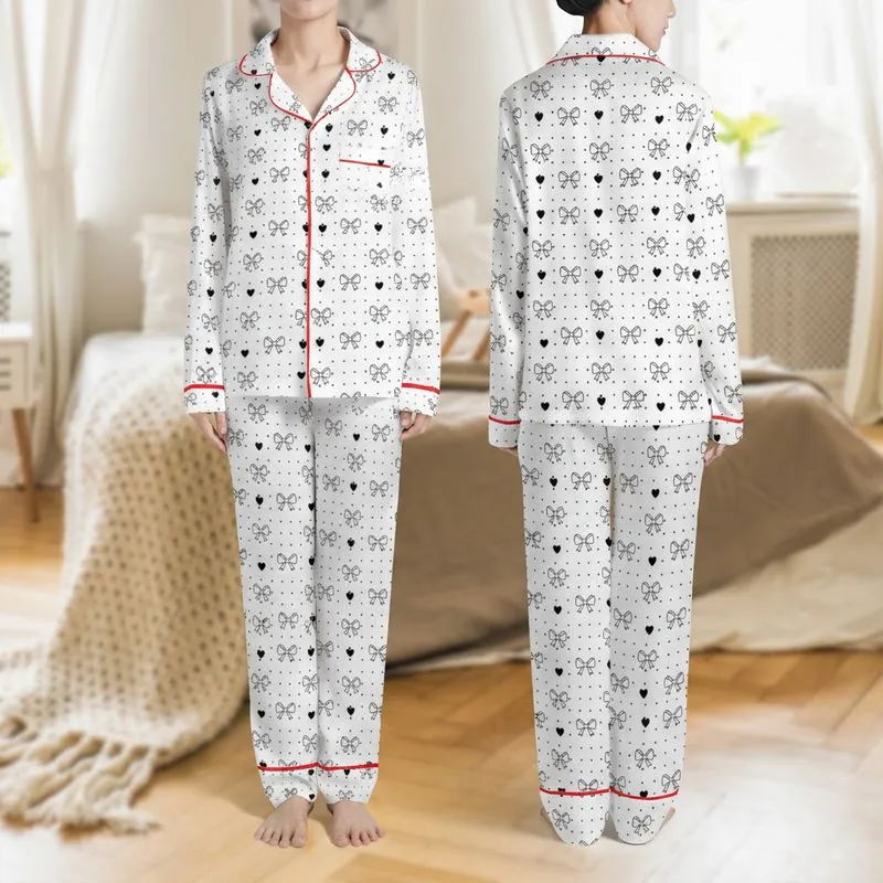 Women's Crisp White Black Polka Dot Delicate Bow Heart Graphic Satin Pajamas Set - 1