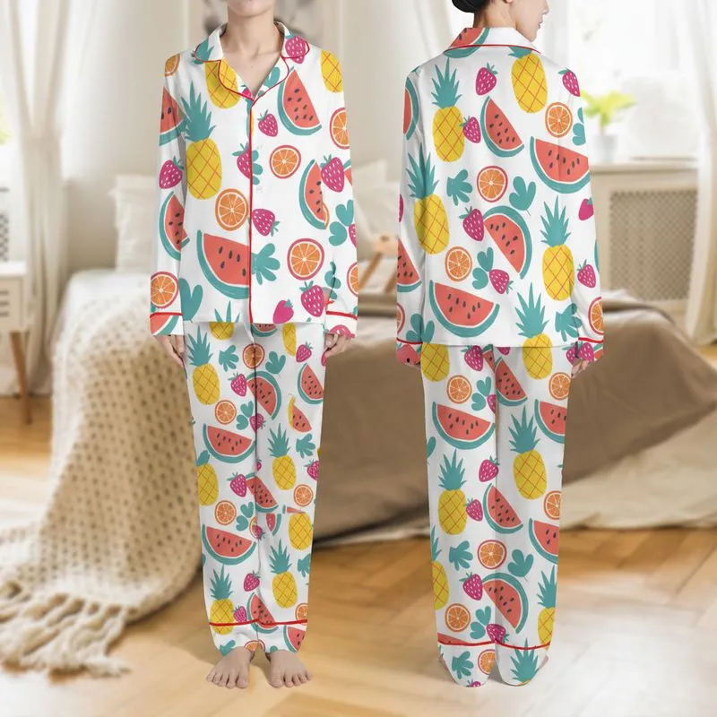 Women's Energetic Hand-Drawn Tropical Fruit & Leaf Pattern: Yellow Pineapple, Coral Watermelon, Fuchsia Strawberry, Teal Leaves on White Satin Pajamas Set - 1