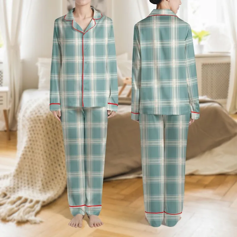 Women's Muted Light Teal Creamy Off-White Traditional Flat Plaid Tartan Grid Pattern Satin Pajamas Set - 1