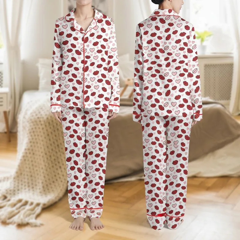 Women's Vivid Dark Red & Pastel Pink Cartoon Lips Hearts Kiss Marks Scattered Pattern Satin Pajamas Set - 1