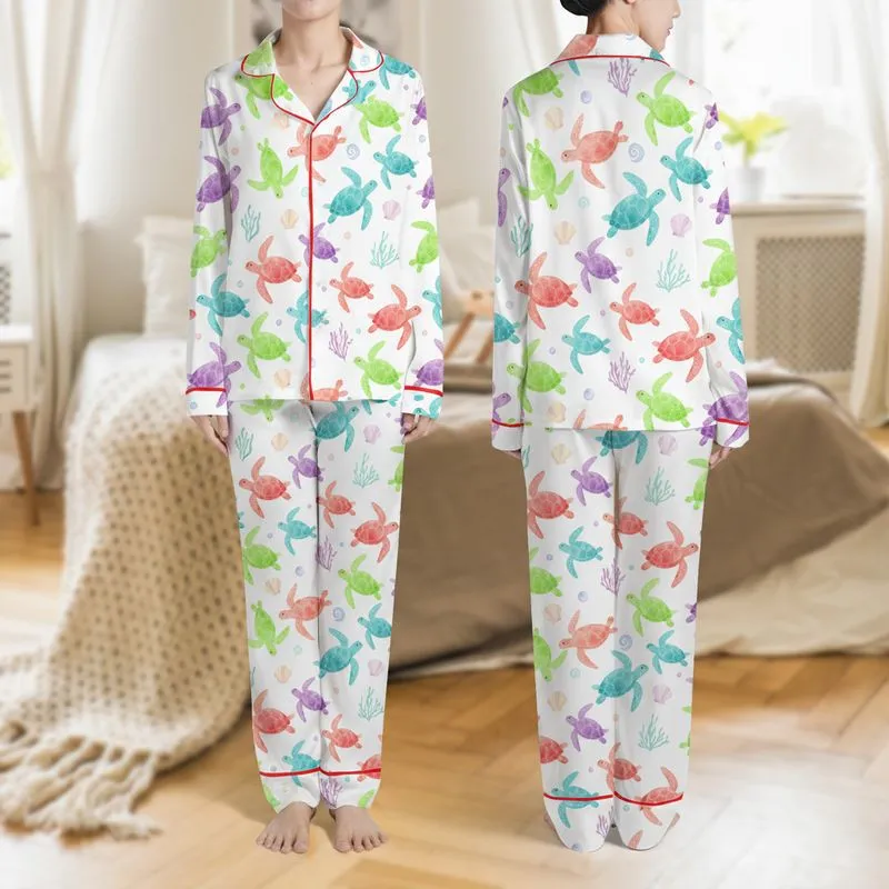 Women's Whimsical Watercolor Teal Aqua Lavender Coral Fuchsia Sea Turtle Seamless Pattern Satin Pajamas Set - 1