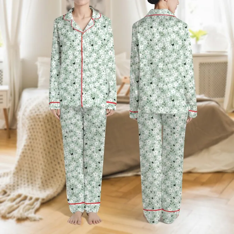 Women's Soft Mint Green Flat Illustrative Delicate White Blossom & Muted Green Leaf Pattern with Subtle Black Butterflies Satin Pajamas Set - 1
