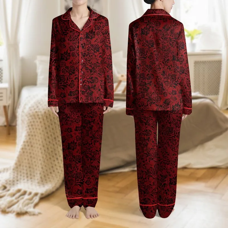 Women's Deep Crimson Red Black Intricate Seamless Floral Lace Leafy Motif Pattern Satin Pajamas Set - 1