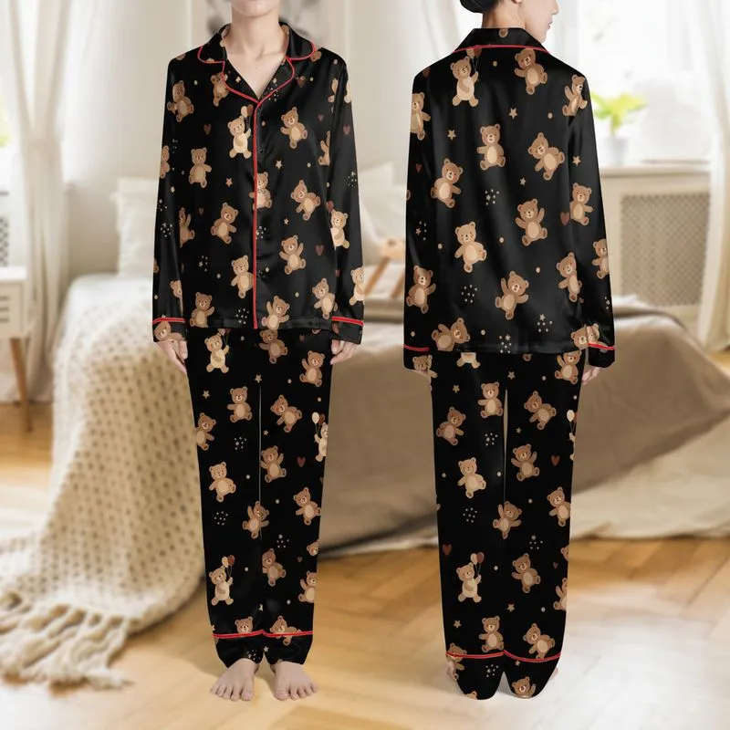 Women's Whimsical Cartoon Teddy Bear Pattern Warm Brown Tan Deep Black Hearts Gold Dots Stars Satin Pajamas Set - 1