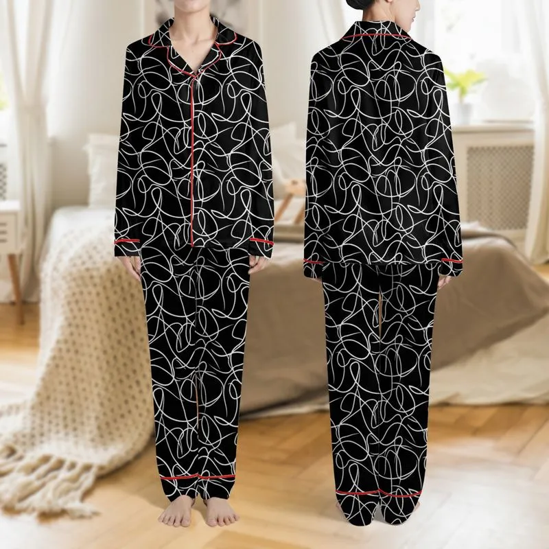 Women's Modern Deep Black White Fluid Abstract Interconnected Line Art Design Satin Pajamas Set - 1