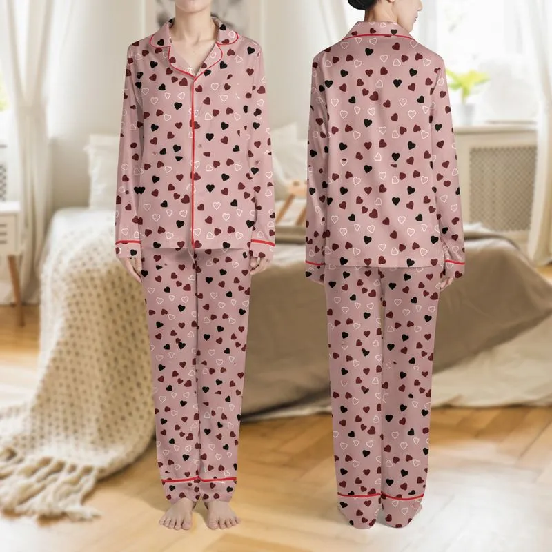 Women's Dusty Rose Pink Black Maroon White Mixed Heart Art Pattern Satin Pajamas Set - 1