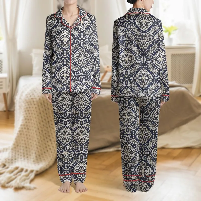 Women's Deep Navy Cream Beige Bohemian Ornamental Folk Art Paisley Satin Pajamas Set - 1