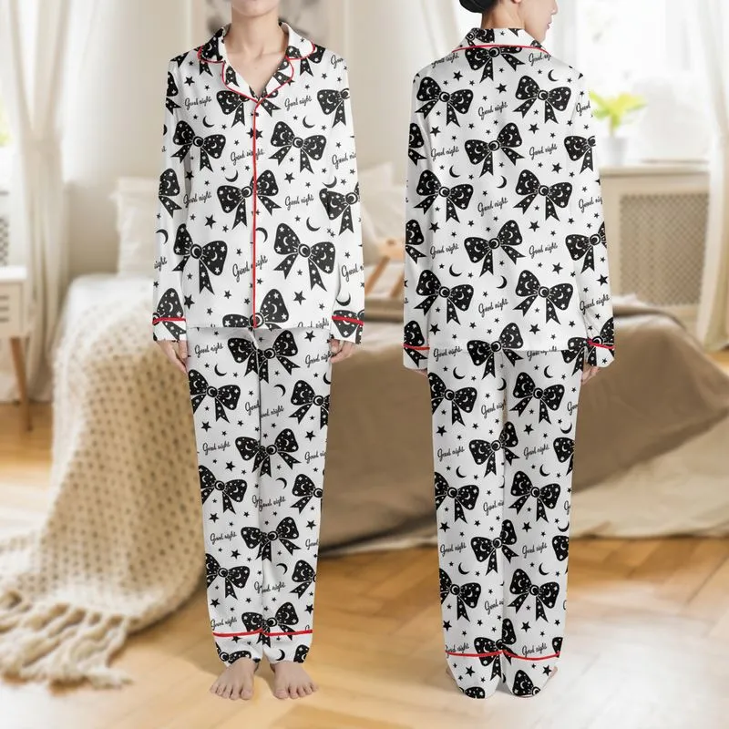 Women's Whimsical Black Bows White Stars Moons 'Good Night' Script Repeating Pattern Satin Pajamas Set - 1