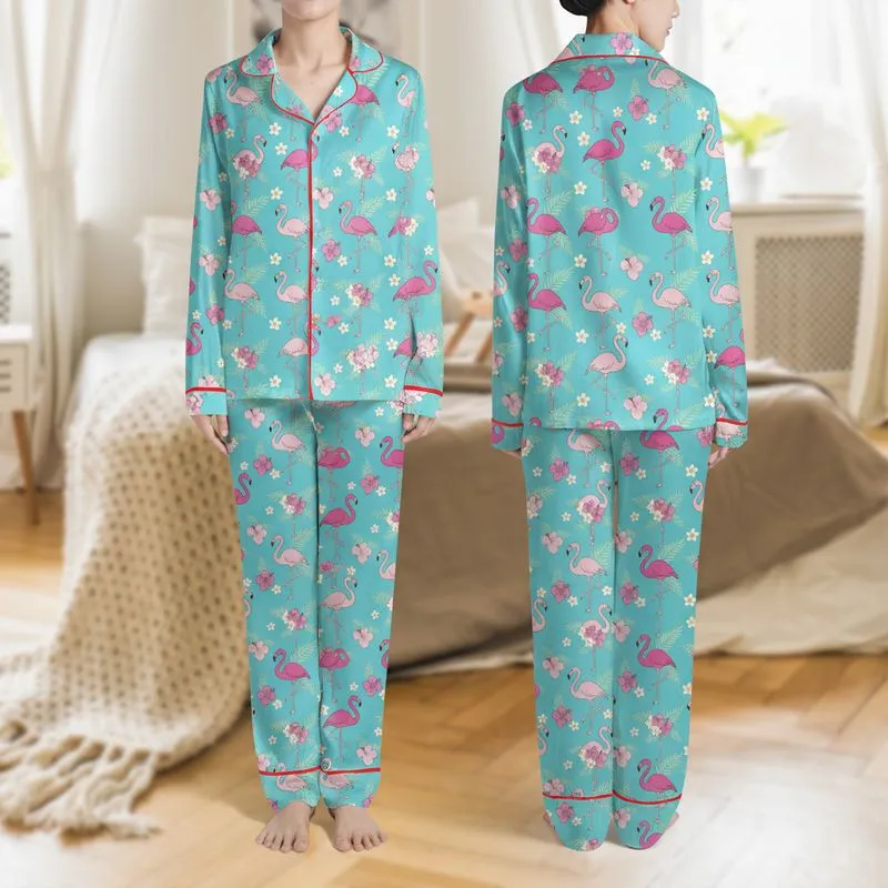 Women's Vibrant Aqua Fuchsia Pink Flamingo Tropical Floral Palm Frond Motif Satin Pajamas Set - 1