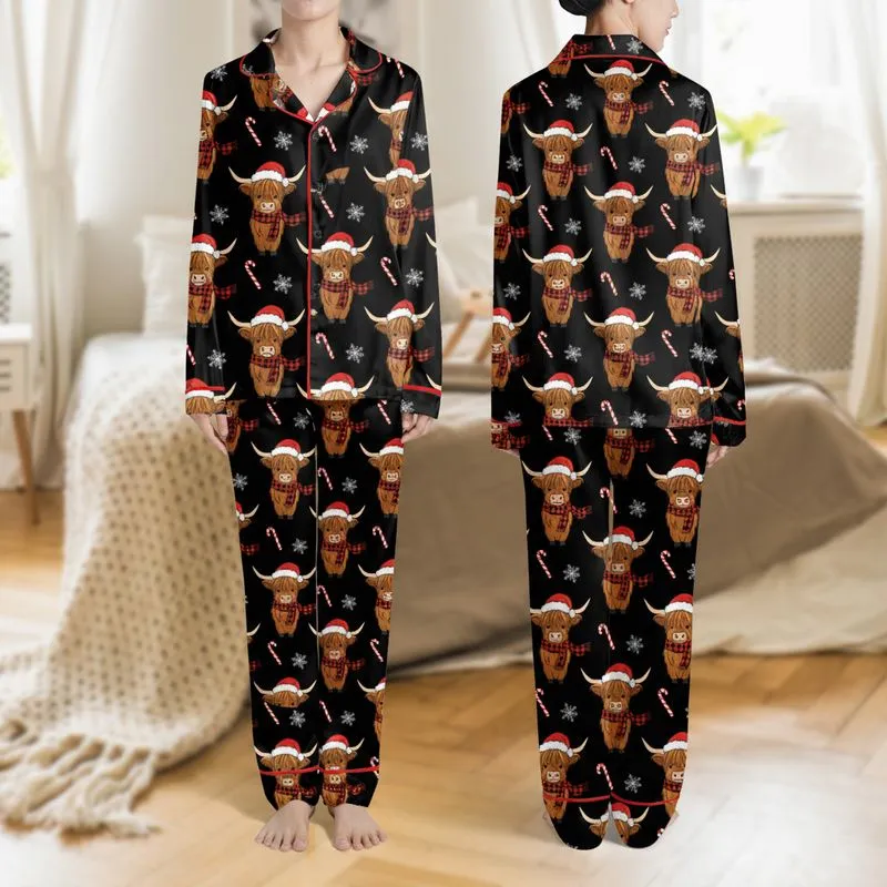 Women's Whimsical Highland Cow Christmas Pattern with Santa Hats, Plaid Scarves, Candy Canes & Snowflakes on Black Satin Pajamas Set - 1