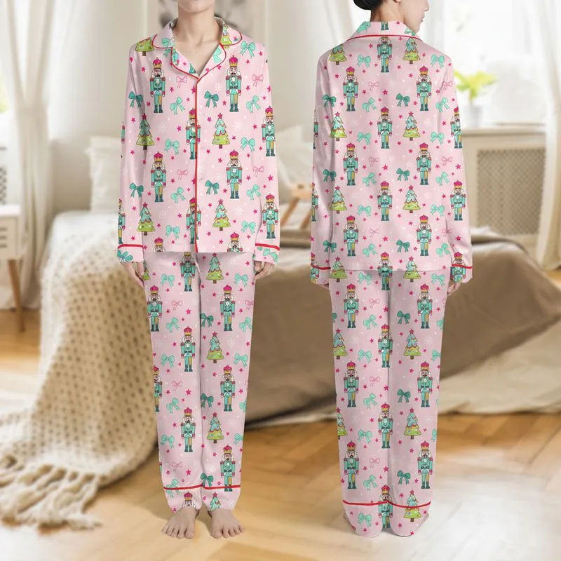 Women's Whimsical Pink Bubblegum Christmas Nutcracker Tree Teal Mint Fuchsia Pattern Satin Pajamas Set - 1