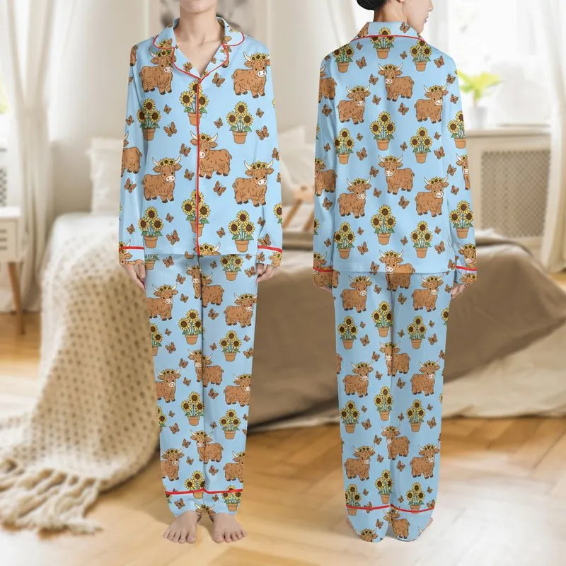 Women's Whimsical Fluffy Brown Highland Cow Sunflower Yellow Sky Blue Butterfly Pattern Satin Pajamas Set - 1