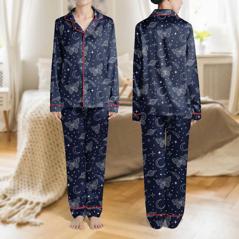 Women's Deep Navy Whimsical White Gray Outline Celestial Butterfly Moon Star Planet Pattern Satin Pajamas Set - 1