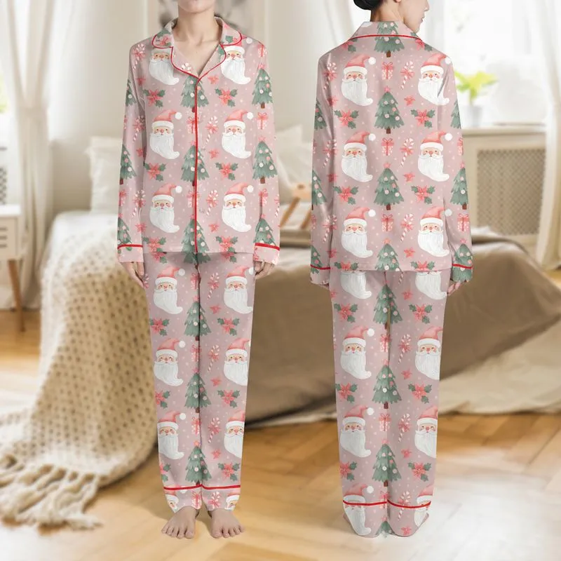 Women's Whimsical Pale Pink Vintage Christmas Santa Tree Candy Cane Holly Pattern Satin Pajamas Set - 1