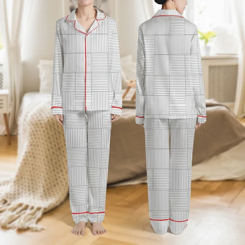 Women's Monochromatic Geometric Interlocking Stripe Grid Design Satin Pajamas Set - ovq41voa26