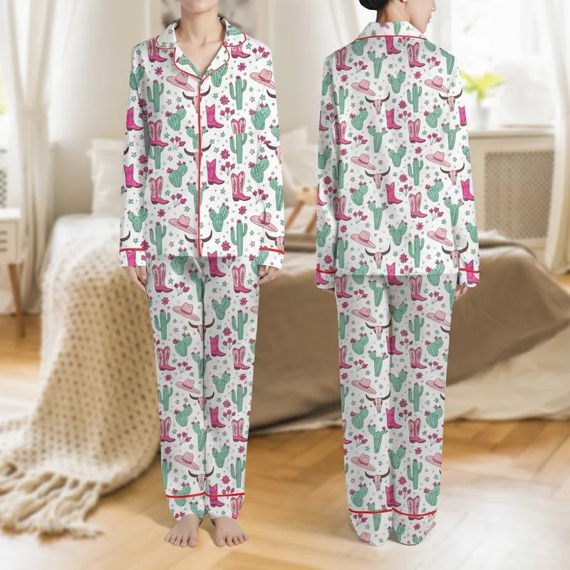 Women's Whimsical Western Desert Pattern: Hot Pink Boots, Teal Cacti, Blush Hats, Steer Skulls Satin Pajamas Set - 1