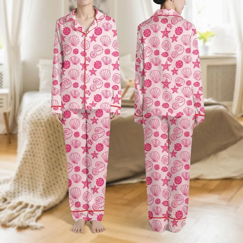 Women's Playful Pastel Pink Hot Pink Underwater Seashell Starfish Coral Pattern Satin Pajamas Set - 1