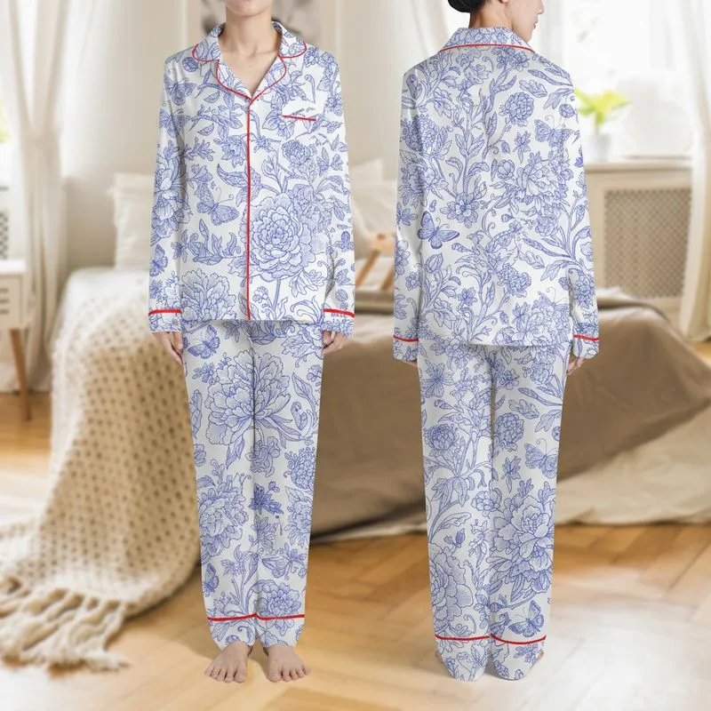 Women's Vintage Cerulean Indigo Botanical Toile Floral Peony Butterfly Hand-Drawn Pattern Satin Pajamas Set - 1