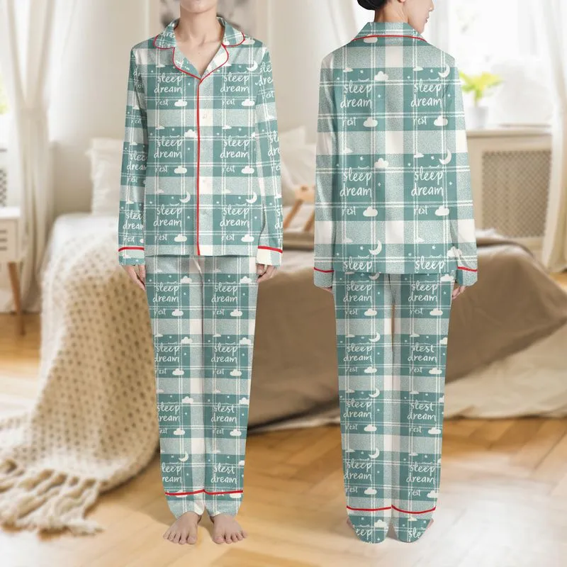 Women's Dusty Teal Blue Tartan Plaid Whimsical Sleep Dream Celestial Pattern Satin Pajamas Set - 1