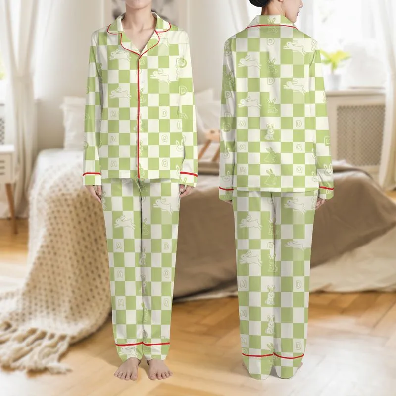 Women's Whimsical Pastel Lime Green Cream Scalloped Checkerboard Rabbit & Playful Letters M D Q Satin Pajamas Set - 1