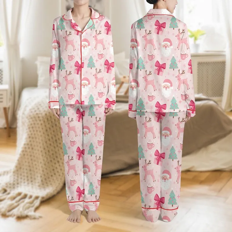 Women's Blush Pink Whimsical Christmas Santa Reindeer Pastel Teal Tree Gift Bow Pattern Satin Pajamas Set - 1