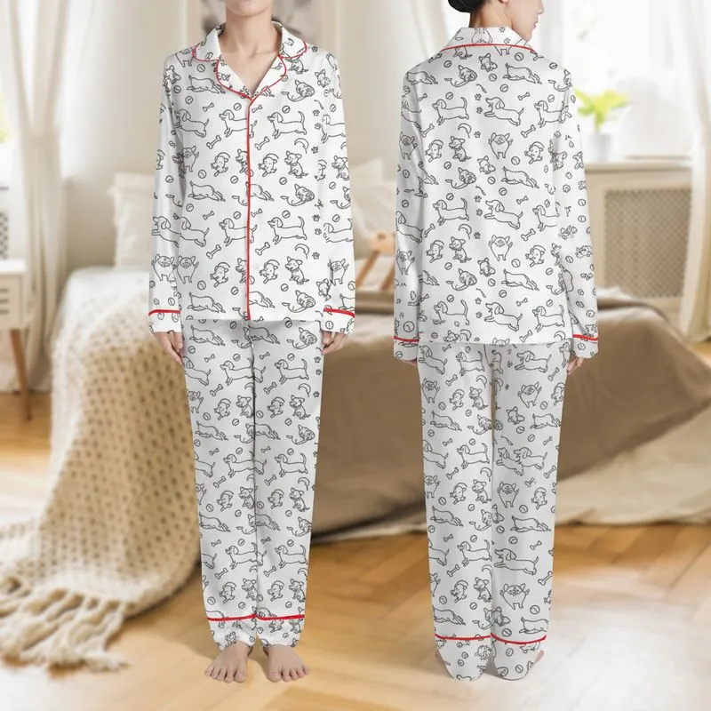 Dog Lovers' Playful White Outline Cartoon Dachshund Beagle Shiba Inu Pattern Black Satin Pajamas Set - 1