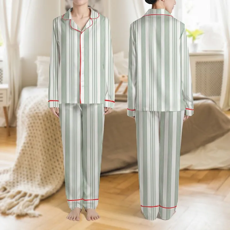 Women's Muted Dark Olive Green Triple Pinstripe Minimalist Pattern on White Satin Pajamas Set - 1