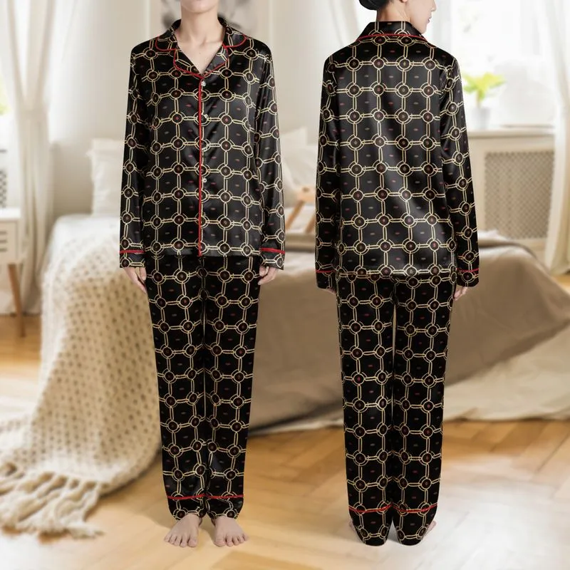 Women's Sophisticated Black Geometric Chain-Link Pattern with Metallic Gold Lines, Crimson & Taupe Ovals Satin Pajamas Set - 1