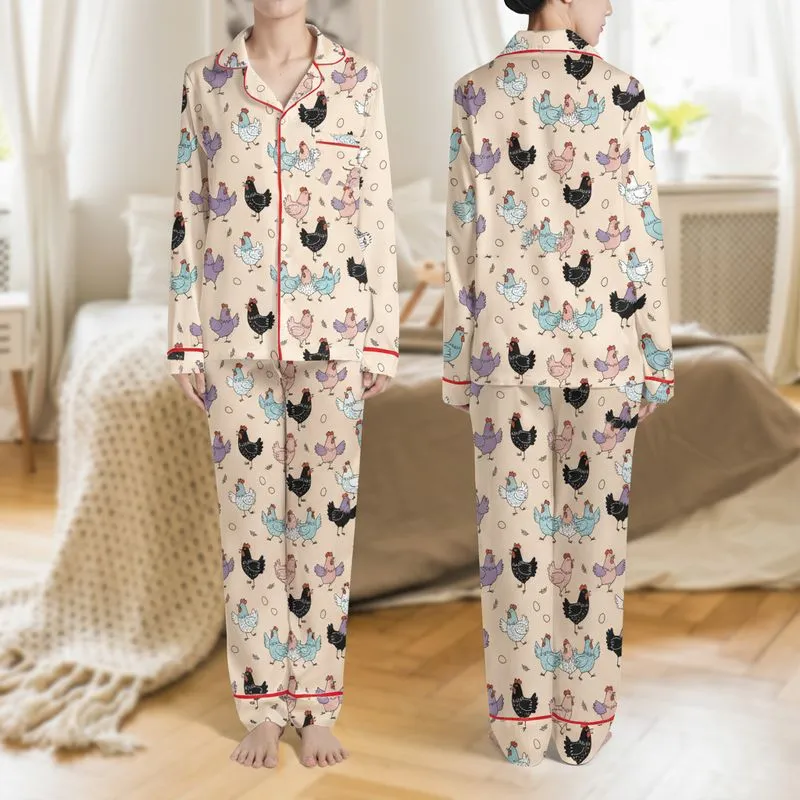 Women's Whimsical Peach Hand-Drawn Chicken Pattern with Playful Purple, Blue, Pink & Yellow Chicks Satin Pajamas Set - 1