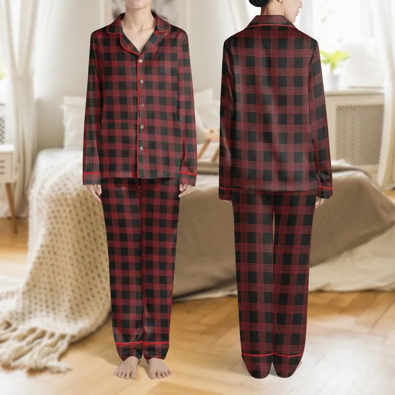 Women's Rustic Red Black Interwoven Flat Graphic Lumberjack Plaid Pattern Satin Pajamas Set - 1
