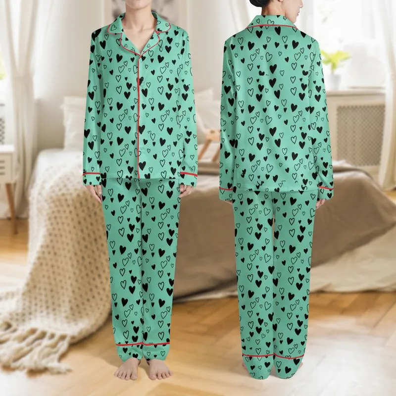 Women's Whimsical Hand-Drawn Imperfect Black Hearts Scattered Print on Vibrant Mint Pink Purple Satin Pajamas Set - 1