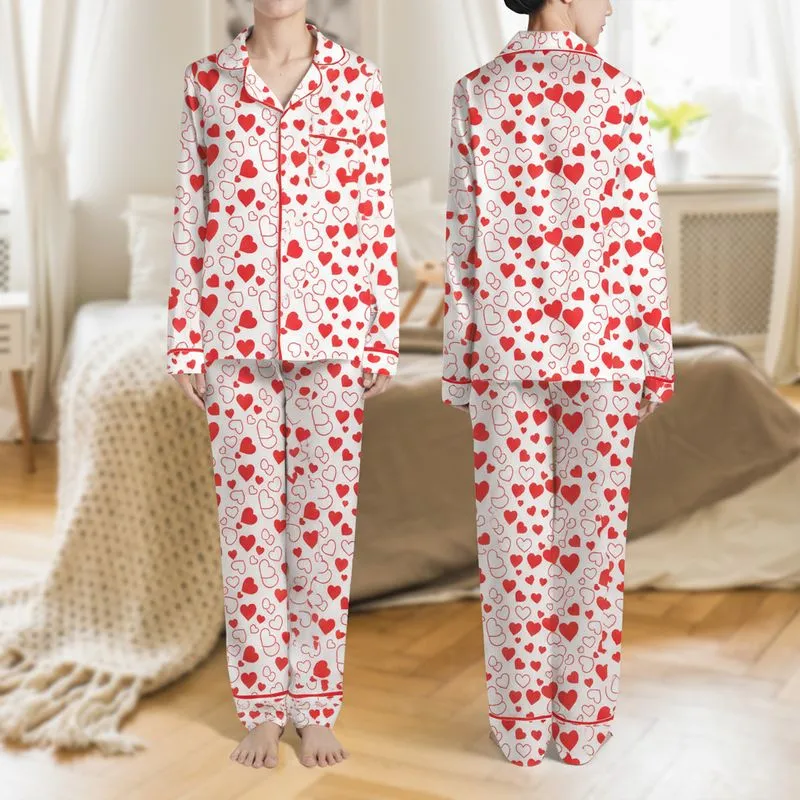 Women's Pure White Dynamic Bright Red Hearts Varying Sizes Solid & Outlined Flat Art Pattern Satin Pajamas Set - 1
