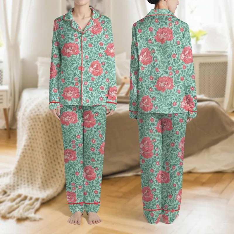 Women's Whimsical Aquamarine Floral Coral Pink Blush Pink Jade Teal Botanical Tapestry Satin Pajamas Set - 1
