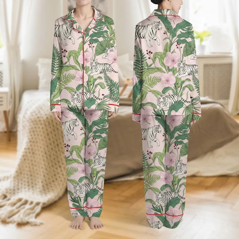 Women's Hand-Drawn White Tiger Tropical Orchid & Fern Pattern on Pastel Pink Satin Pajamas Set - 1
