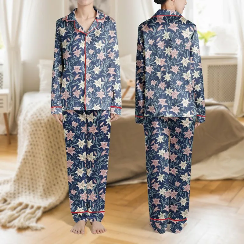 Women's Elegant Painterly Lily Botanical Motif Cream Rose Mauve Teal Indigo Pattern Satin Pajamas Set - 1
