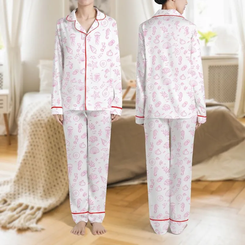 Women's Fuchsia Pink Minimalist Marine Life Seahorse Seashell Coral Line Art Pattern Satin Pajamas Set - 1