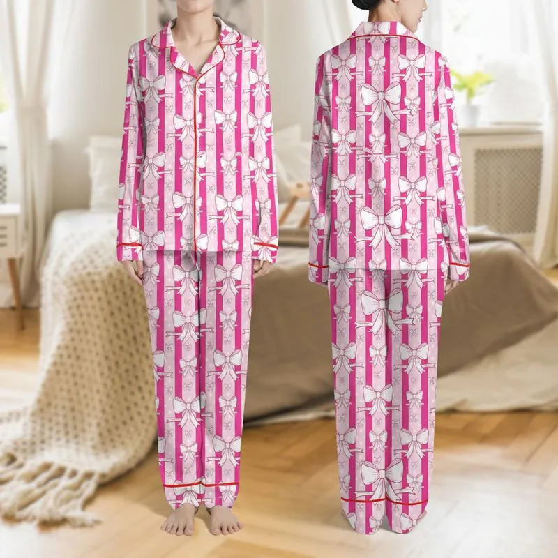 Women's Cute Hand-Drawn Bows Fuchsia Pastel Pink Striped Polka Dot Pattern Satin Pajamas Set - 1