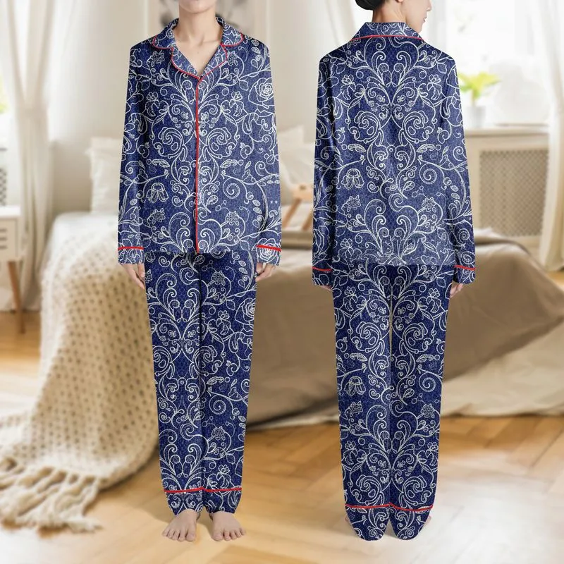 Women's Dark Navy Blue Light Beige Intricate Ornamental Lace Floral Vine Pattern Satin Pajamas Set - 1