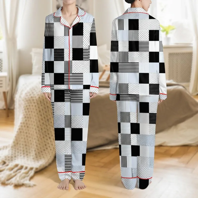 Women's Minimalist Graphic Interlocking Blocks White Black Blue-Grey Stripes Polka Dots Satin Pajamas Set - 1