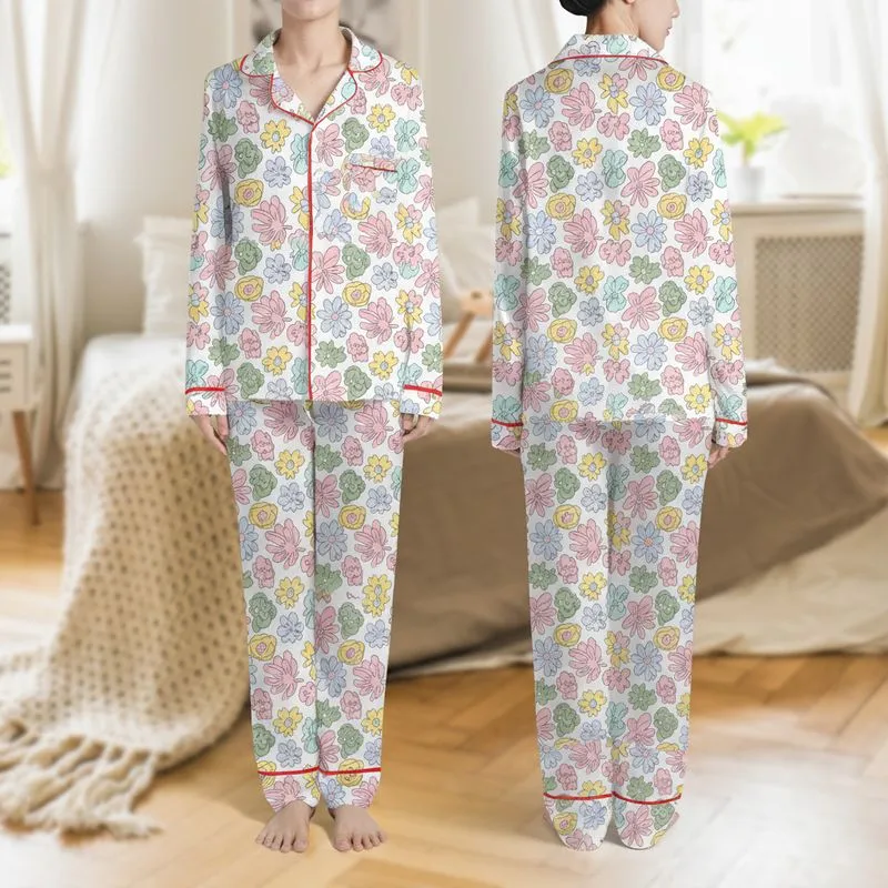 Women's Whimsical Hand-Drawn Abstract Floral Scatter in Pastel Pink Sage Lavender Blue Yellow on White Satin Pajamas Set - 1