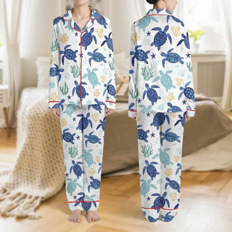 Women's Hand-Drawn Indigo Aqua Blue Sea Turtle, Starfish & Coral Ocean Pattern Satin Pajamas Set - 1